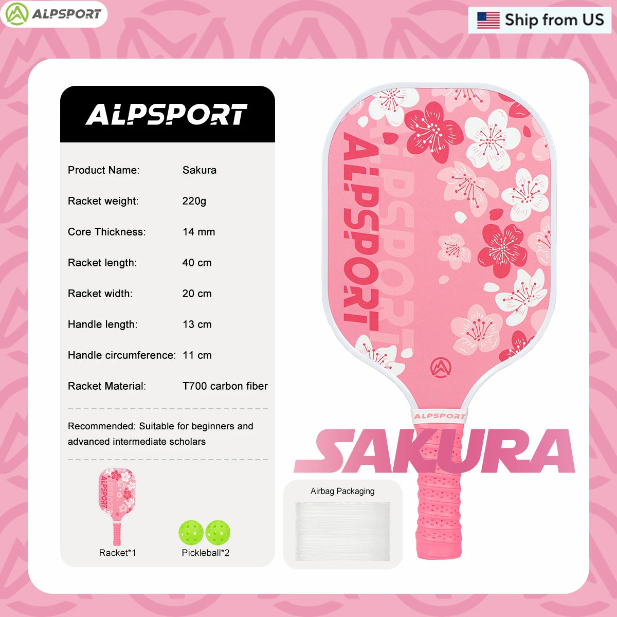 ALPSPORT Sakura USAPA Pickleball Paddle T700 Pro Training Set