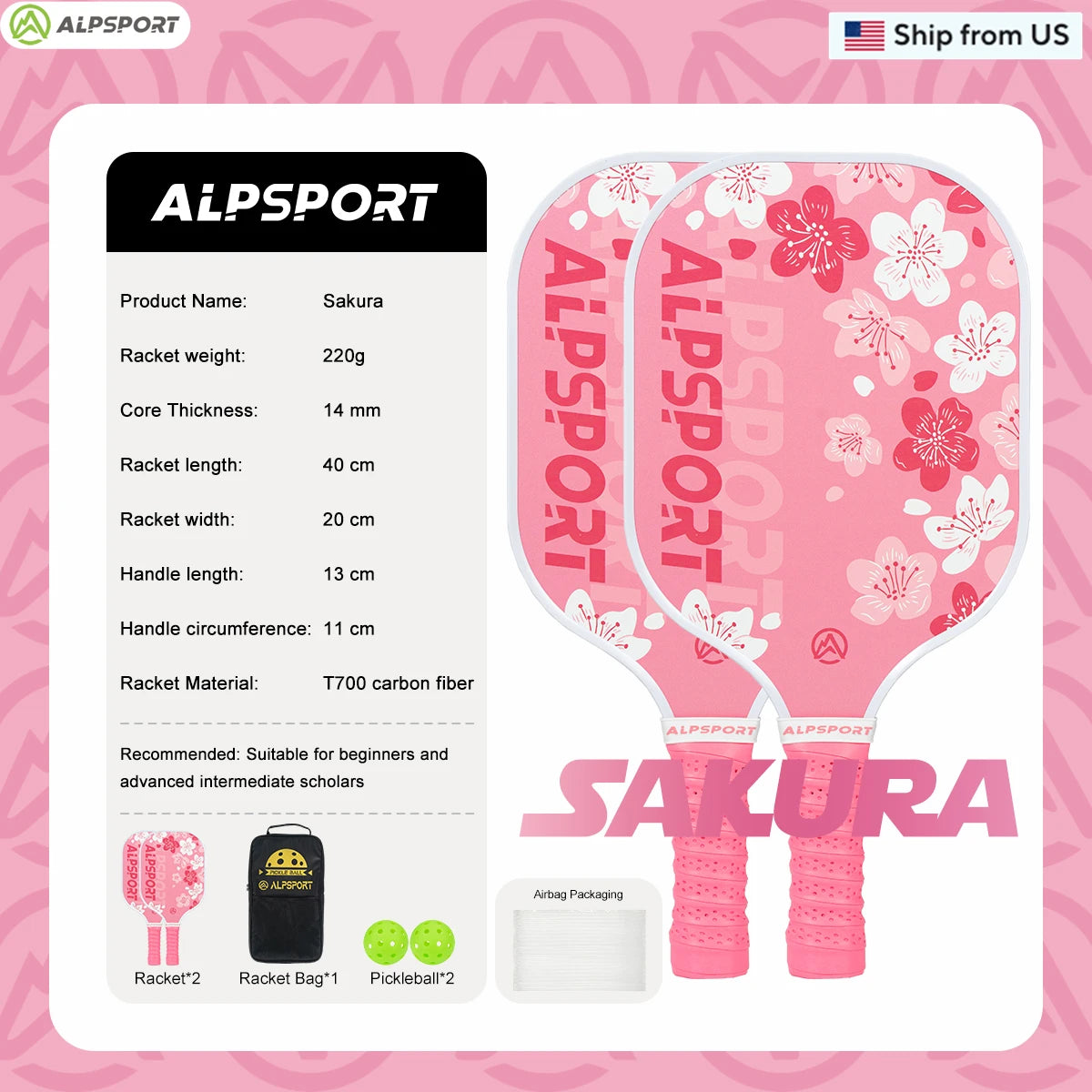 ALPSPORT Sakura USAPA Pickleball Paddle T700 Pro Training Set